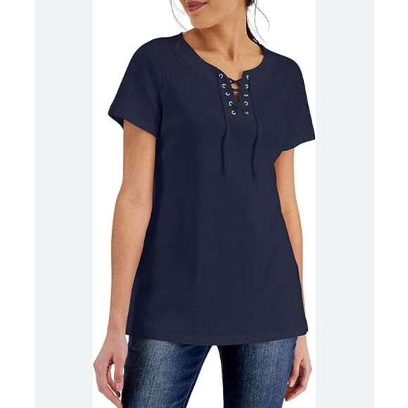 Talbots short sleeve navy blue stretch, riptide neckline T-shirt size med - Picture 1 of 4